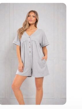 Light Gray V-Neck Button Front Romper